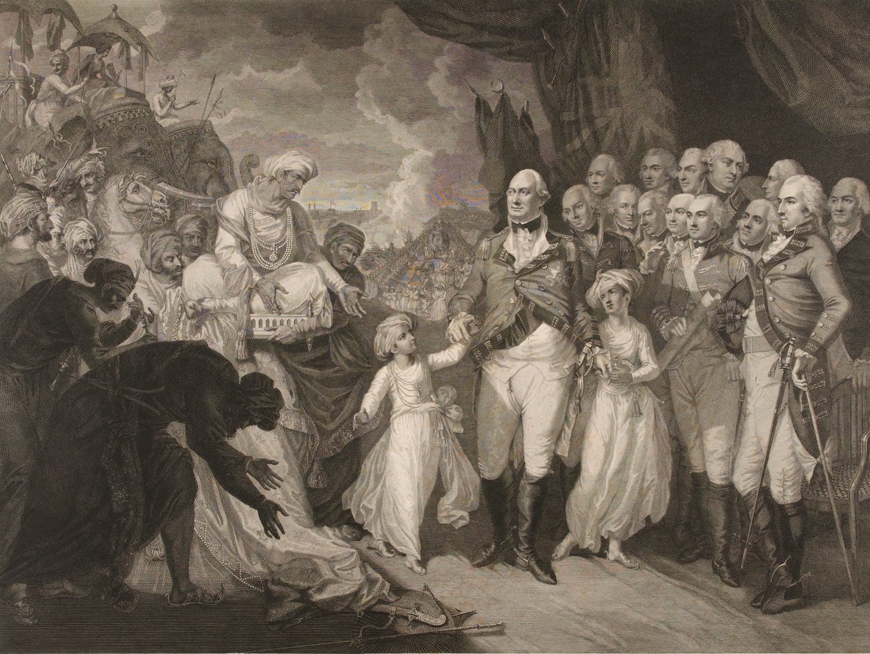 Cornwallis márki fogadja a túsz hercegeket, Tippoo szultán fiait alkotó: M. (after) Brown