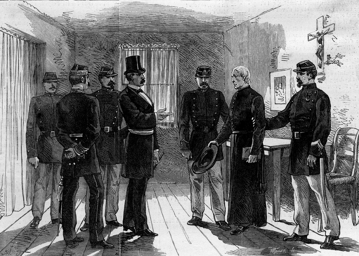 A jezsuiták deportálása a párizsi Rue de Sevres-ről Jules Ferry 1880. márciusi rendelete nyomán, és megvonták a jogosulatlan vallási gyülekezetek tagjainak tanítási jogát: egy jezsuita apát elfogtak a cellájában. 1880. június 30. En alkotó: M. (after) Ferdinandus