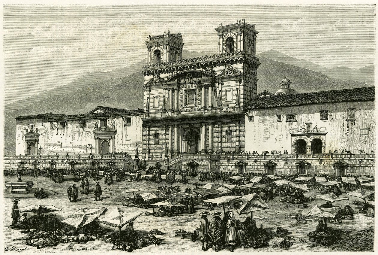 Quito katedrálisa (a mai Ecuador fővárosa) és a téren található népszerű szórakozási lehetőségek. Clerget és Ferdinandus metszet az „Equinoxiale America” történet illusztrálására alkotó: M. (after) Ferdinandus
