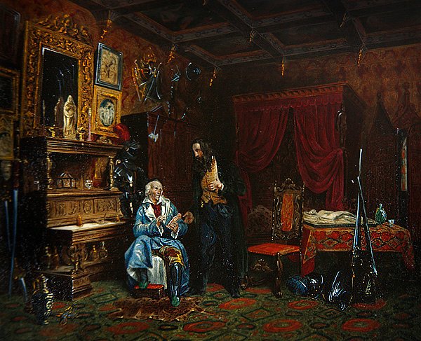 Antikvárium szoba belseje középkori bútorokkal, 1838-46 körül (színes litó) alkotó: M. (after) Renoux