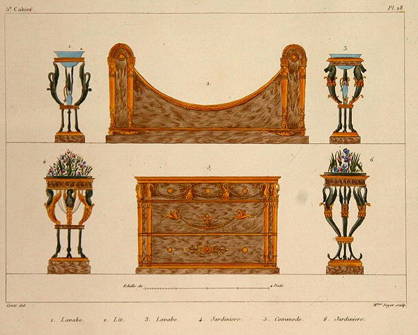 Bútortervek, Mme Soyer gravírozása, 28. tábla a „Modeles de Meubles et de decorations interieures pur les Meubles”-ból, 1828/41-ben (színes litho) alkotó: M. (after) Santi