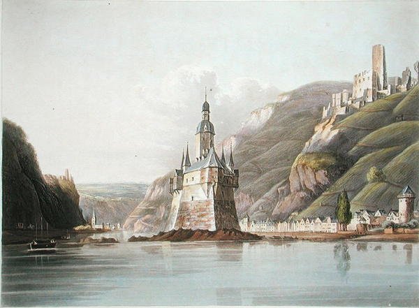 Pfalz kastélya és Laub városa, illusztráció az „Egy festői túra a Rajna mentén, Mentztől Kölnig” című művéből, T. Sutherland metszet, 1820-ban megjelent (színes litó) alkotó: M. (after) Schuetz