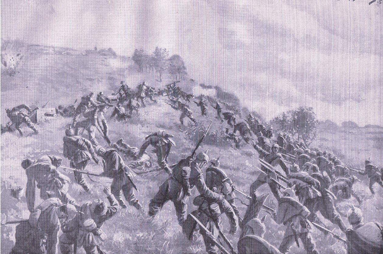 Szawle visszafoglalása. Rohamozás a gerincen, a The Illustrated History of the World War 1914-1915 pubból. az Union Berlagsefellfchaft alkotó: M. Barascudts