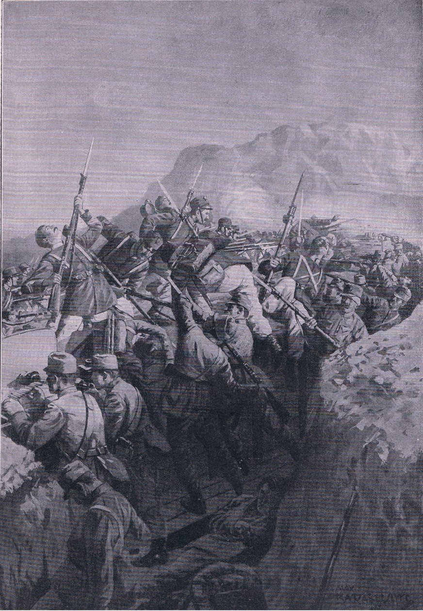 Az olaszok sikertelen támadása Doberdo magaslatain, a The Illustrated History of the World War 1914-1915 pubból. az Union Berlagsefellfchaft alkotó: M. Barascudts