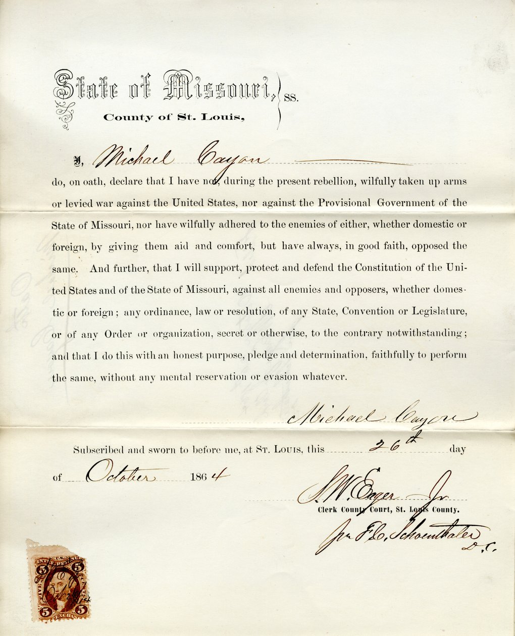 Michael Cayon hűség esküje Missouri államból, St. Louis megyéből alkotó: M. Cayon