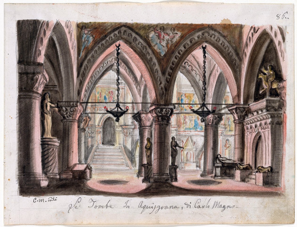 Le Tombeau de Charlemagne a Aix-la-Chapelle - Az Opera Ernani díszletterve, Giuseppe Verdi - M. Conti (1810-1886). Akvarell papíron Méret : 22x29 cm The Morgan Library & Museum, New York alkotó: M. Conti