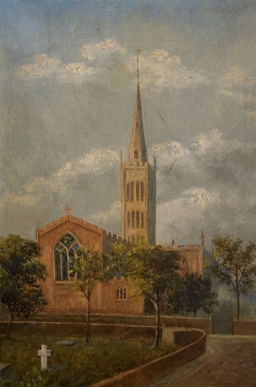 Szentháromság templom és templomkert, Coventry, 1900 körül (olaj, vászon) alkotó: M. E. Colledge