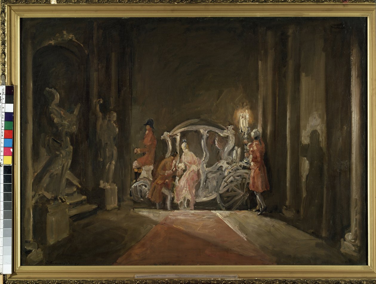 ""Une meghívott"" (Vendég) Egy Hamupipőkére emlékeztető fiatal nő titokzatosan leszáll egy hintóról az éjszaka közepén. Max Friedrich Hofmann (1873-1937) festménye 1926 Méret: 116x161 cm Mikalojus Konstantinas Ciurlionis Szépművészeti Múzeum, Kaunas, Lit. alkotó: M. F. Hofmann