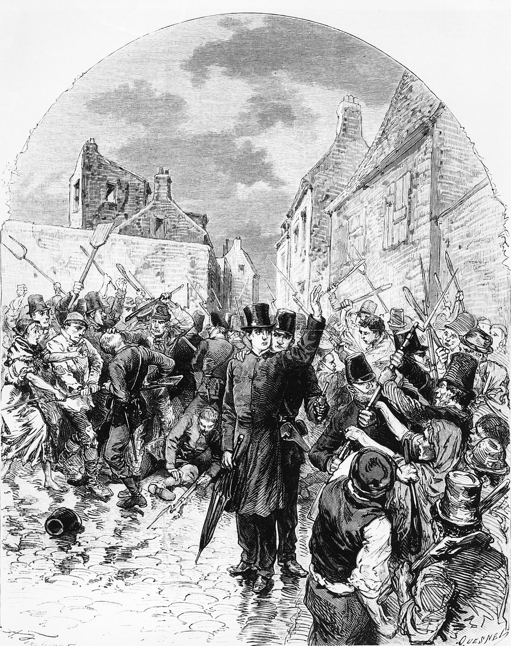 Zavargások Írországban – A Mullingar-i rendőrség által letartóztatott katolikus papot az emberek megmentették a Le Monde Illustréból, 1881. június 25. alkotó: M. Ferdinandus