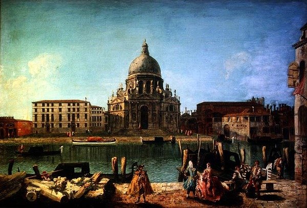 S. Maria della Salute a velencei Rio de San Moise-ból, előtérben dzsentrivel és gondolásokkal alkotó: M. and Guardi G.A. Marieschi