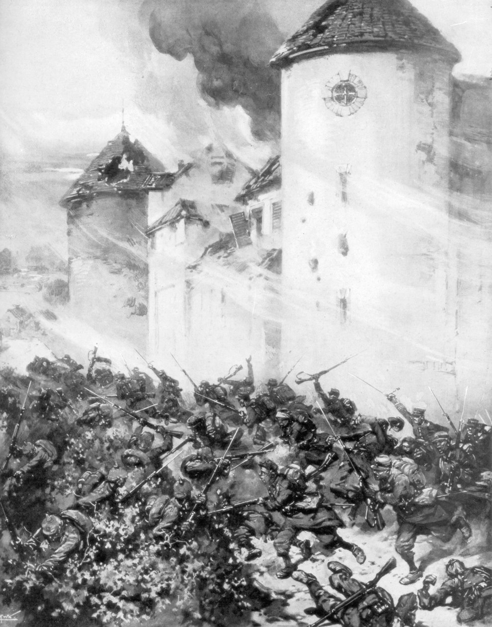 Franciák és németek csatáznak a Chateau de Mondement falai alatt, Franciaországban, 1914. alkotó: M. H. W. Koekkok