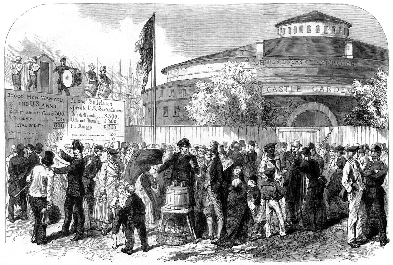 Ír és német emigránsok besorozása a Battery-re, New York, USA, 1864. alkotó: M. Jackson