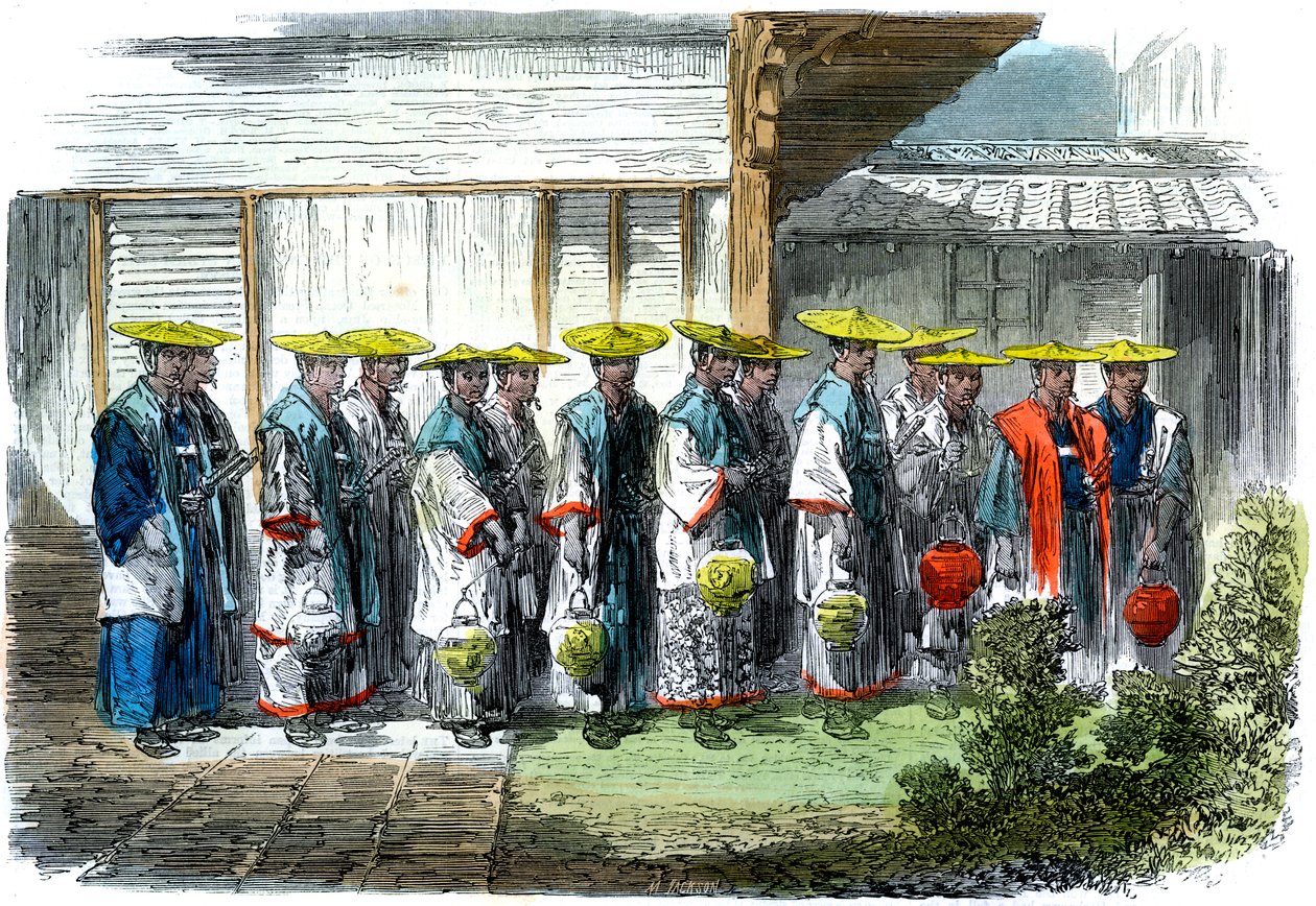 Az éjszakai őr a Jeddo Edo-ban, Japánban, 1864. alkotó: M. Jackson