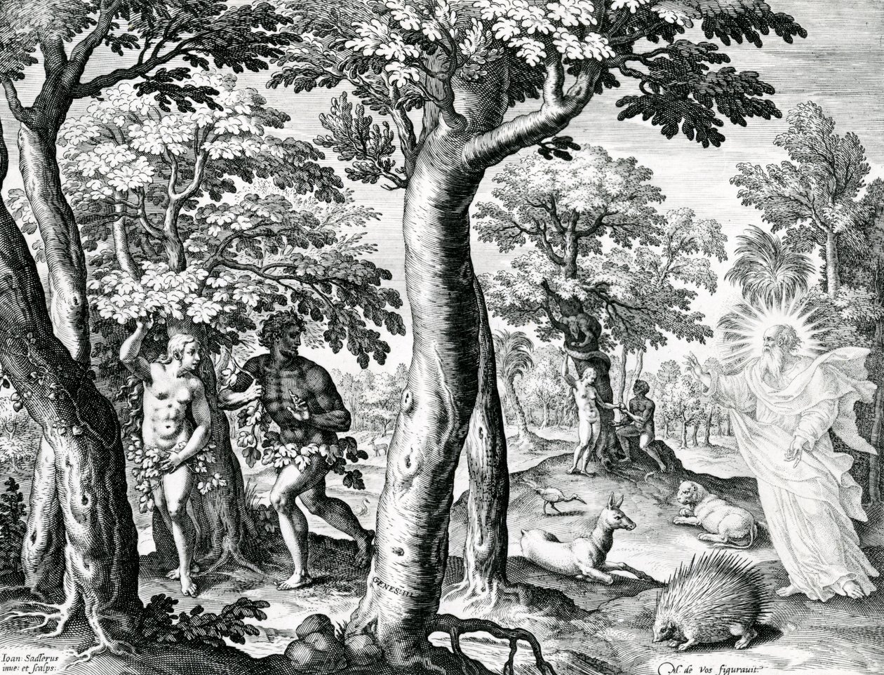 Ádám és Éva az Úr elől bujkál, „Az első emberek története” 3. táblája, I. Jan Sadeler metszetében, 1583 alkotó: Maarten de Vos