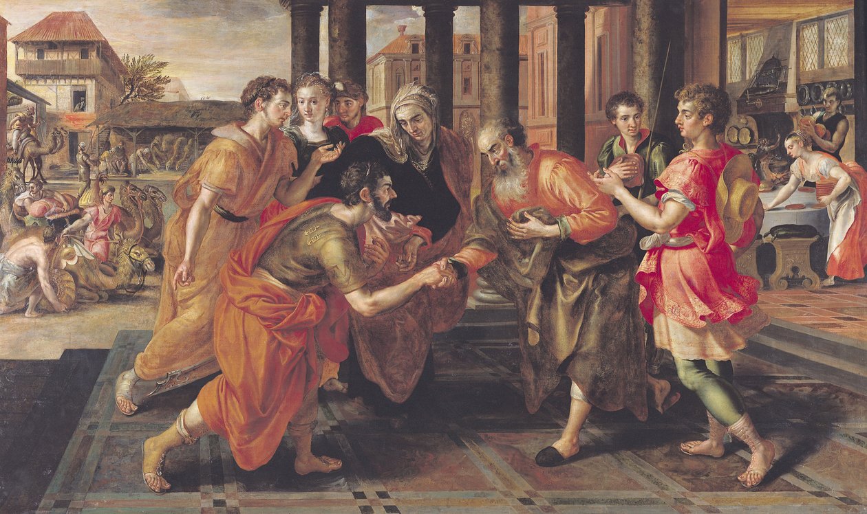 Lábán bemutatja Eliézert atyjának, 1562 alkotó: Maarten de Vos