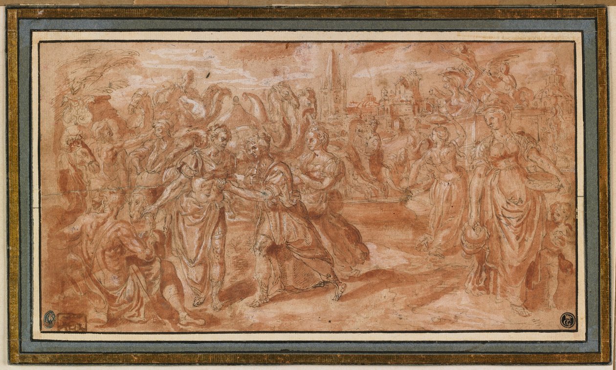 Laban és Rebecca Eliezer fogadása, 1561-62 (toll és barna tinta piros mosással és fehér kiemeléssel) alkotó: Maarten de Vos