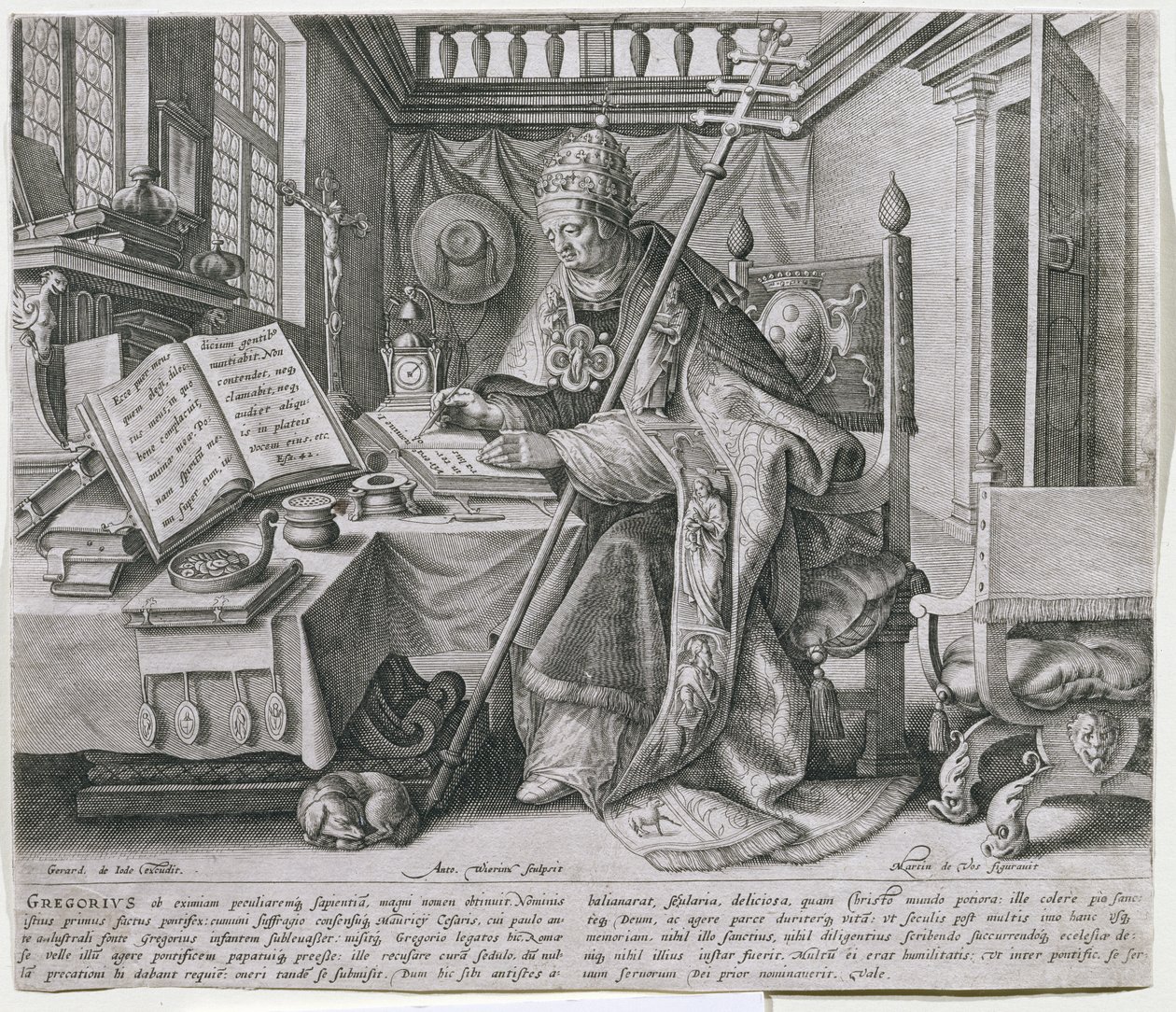 I. Nagy Gergely pápa (kb. 540-604) tanulmányában, a négy „egyházatyát” ábrázoló sorozatból, Anton Wierix (kb. 1552-kb. 1624) kocsma által metszett. Gerard de Jode, 1580 körül alkotó: Maarten de Vos