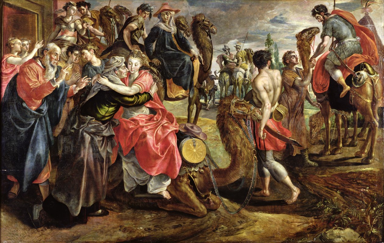 Rebecca búcsúzik családjától, 1562 körül alkotó: Maarten de Vos