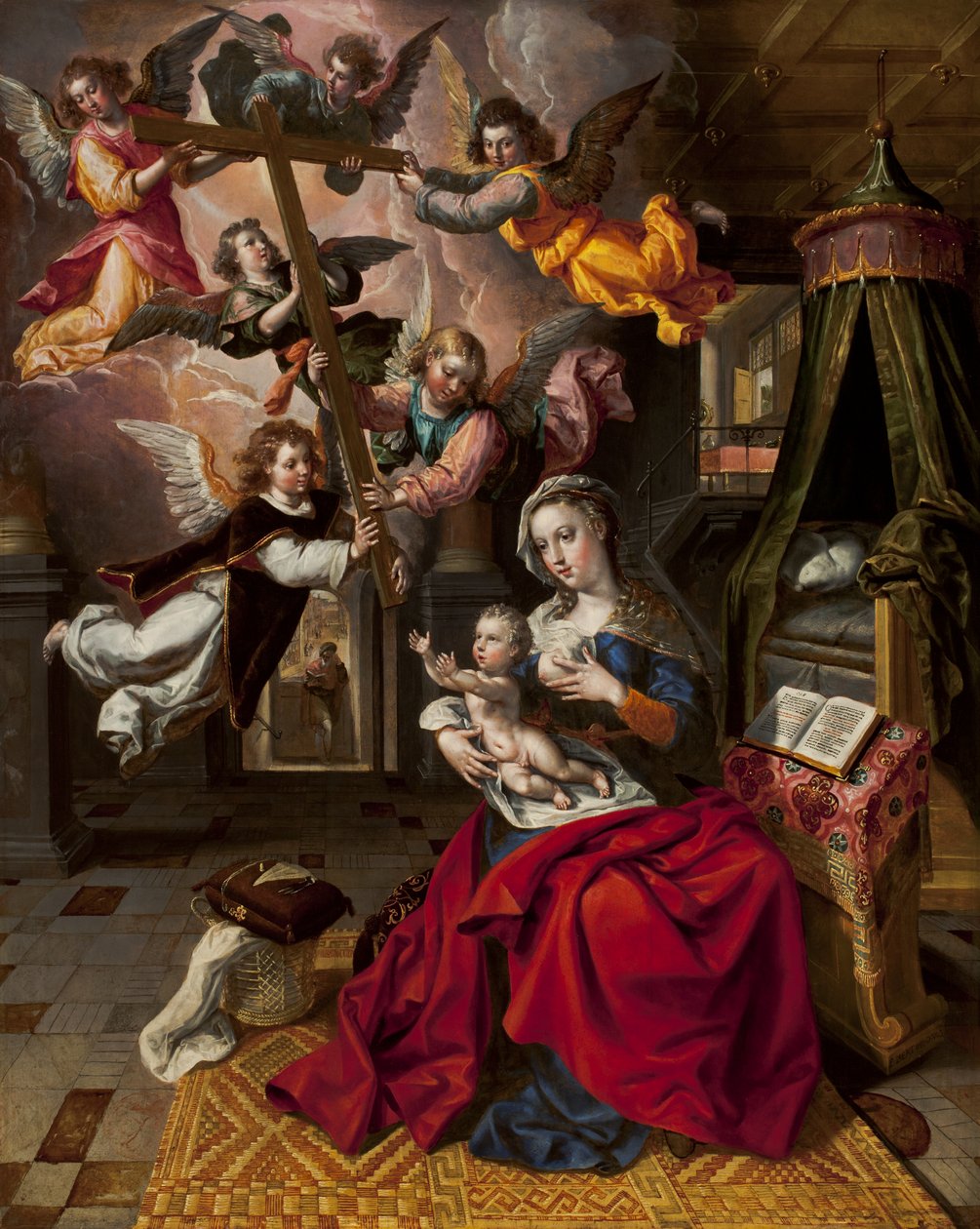 Szűz a Krisztus-gyermekkel üdvözli a keresztet, 1600 körül alkotó: Maarten de Vos