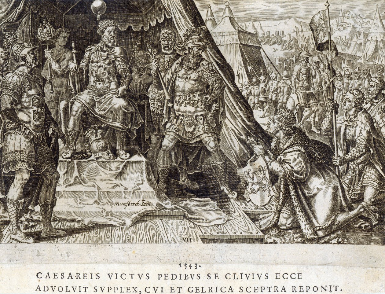 II. Vilmos, Cleves hercegének beadványa 1543-ban, „V. Károly császár katonai eredményei” című könyv 8. táblája, amelyet Dirk Volkertsz Coornhert (1522-90) vésett, 1555 (metszet és rézkarc) alkotó: Maarten van Heemskerck