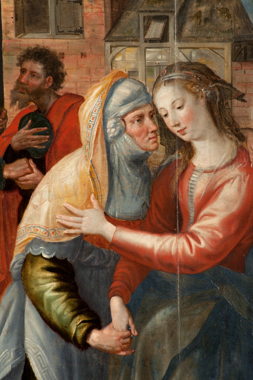 Mágusok imádása, Triptichon, Bal oldali panel: Szent Szűz élete, részlet, festmény fára alkotó: Maarten de Vos