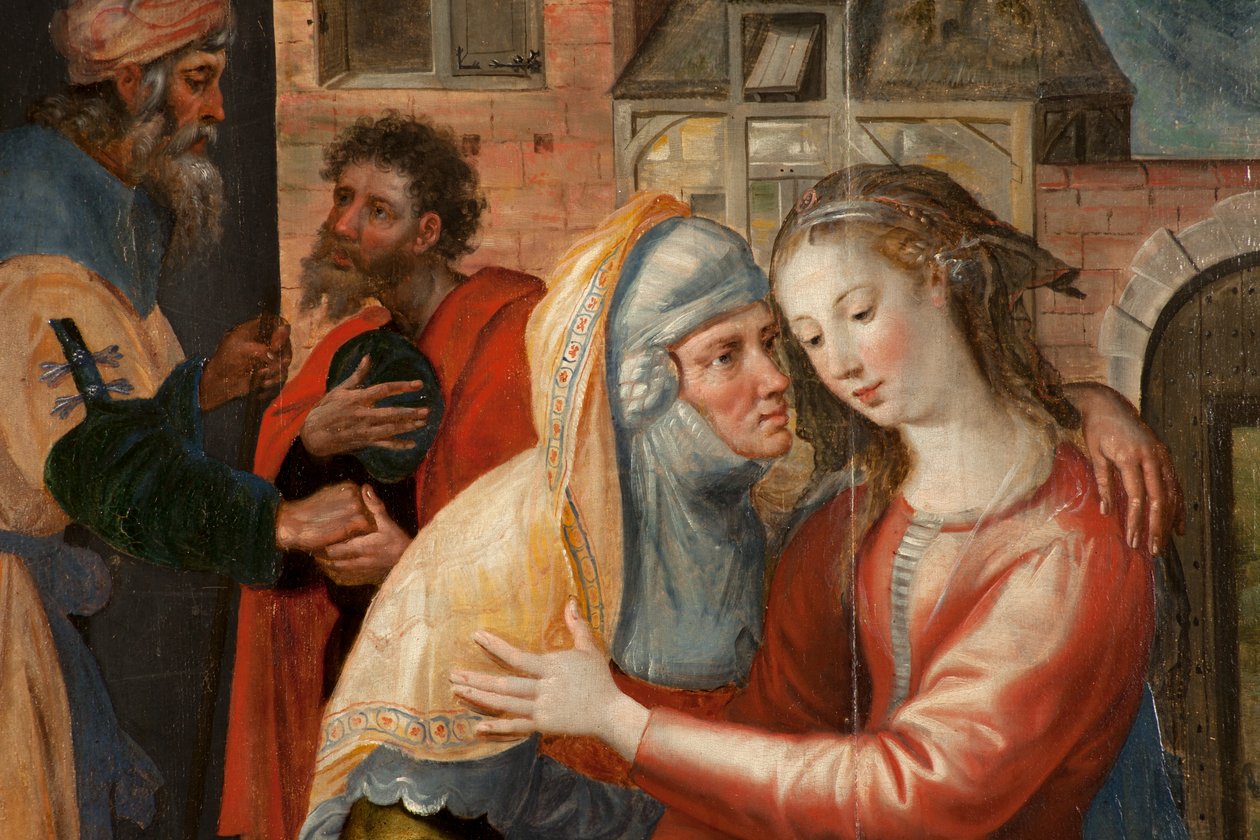Mágusok imádása, Triptichon, Bal oldali panel: Szent Szűz élete, részlet, festmény fára alkotó: Maarten de Vos