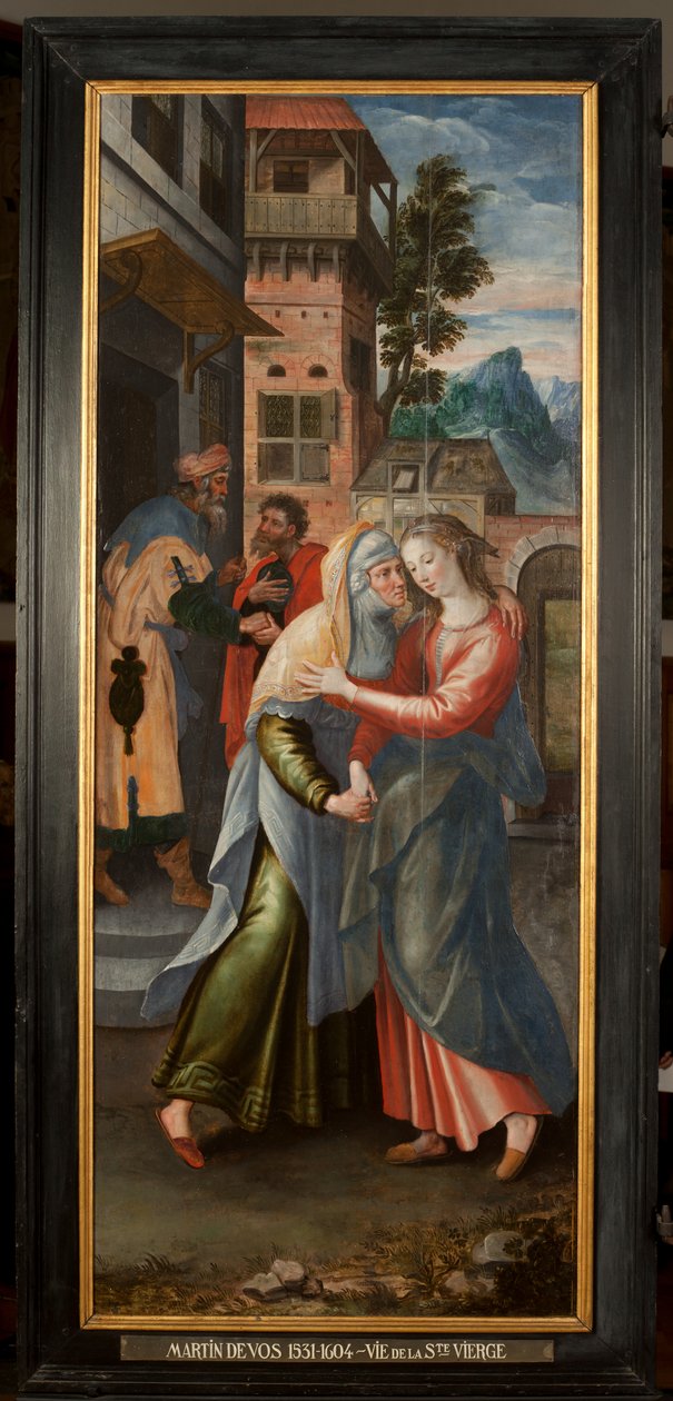Mágusok imádása, Triptichon, Bal oldali panel: Szent Szűz élete, részlet, festmény fára alkotó: Maarten de Vos