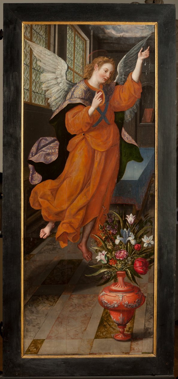 Mágusok imádása, Triptichon, Bal oldali panel, hátsó rész, festmény fára alkotó: Maarten de Vos