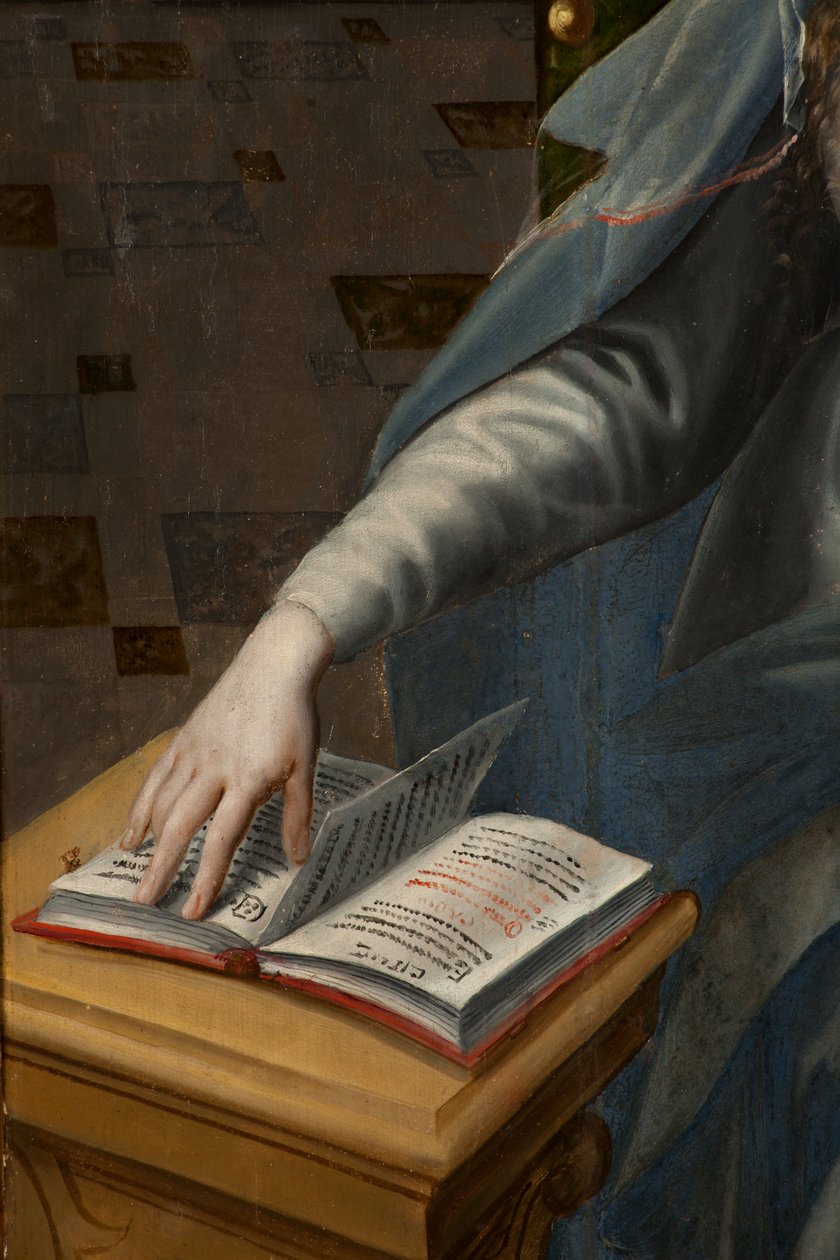 Mágusok imádása, Triptichon, Jobb oldali panel hátsó rész, részlet, festmény fára alkotó: Maarten de Vos