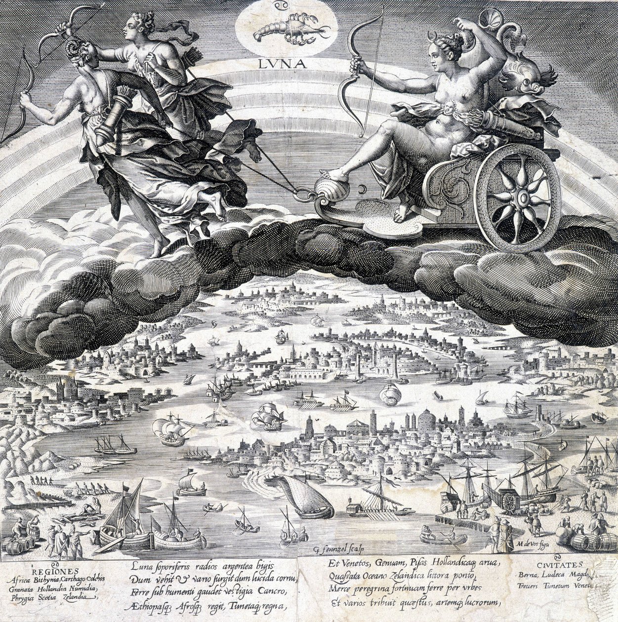 Luna: a Hold (Diana) és a hatása alatt álló Skorpió allegóriája (az állatöv jele) - Maerten de Vos (Marten de Vos, Marten de Vos) metszet (1532-1603), n.d. alkotó: Maarten de Vos