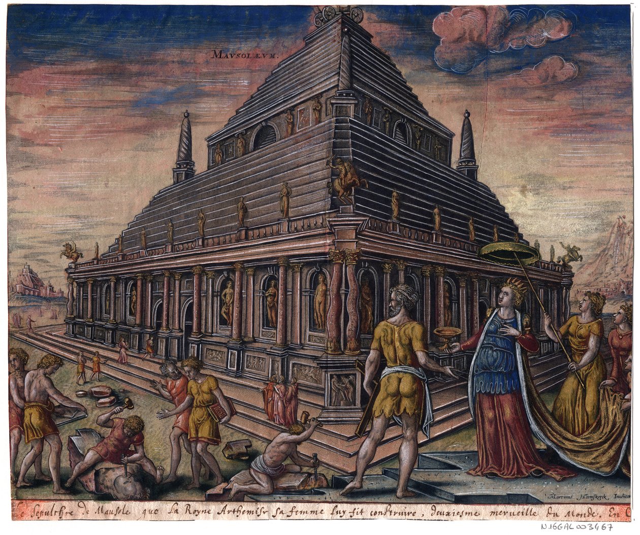 A halicarnassusi mauzóleum (a "A világ nyolcadik csodája" sorozatból) Maarten van Heemskerck után - Galle, Philipp (1537-1612) - 1572 - Rézkarc, akvarell - Bibliotheque Municipale de Lyon alkotó: Maarten van (after) Heemskerck
