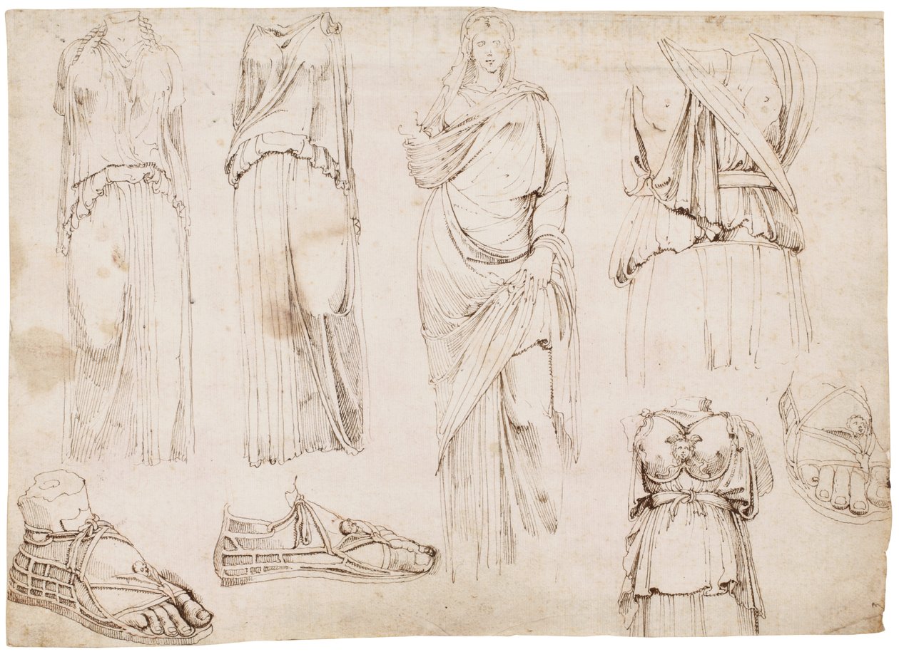 Női figurák és szandálok, 1498-1574 körül (vörös kréta, toll és barna tinta) alkotó: Maarten van Heemskerck (circle of)