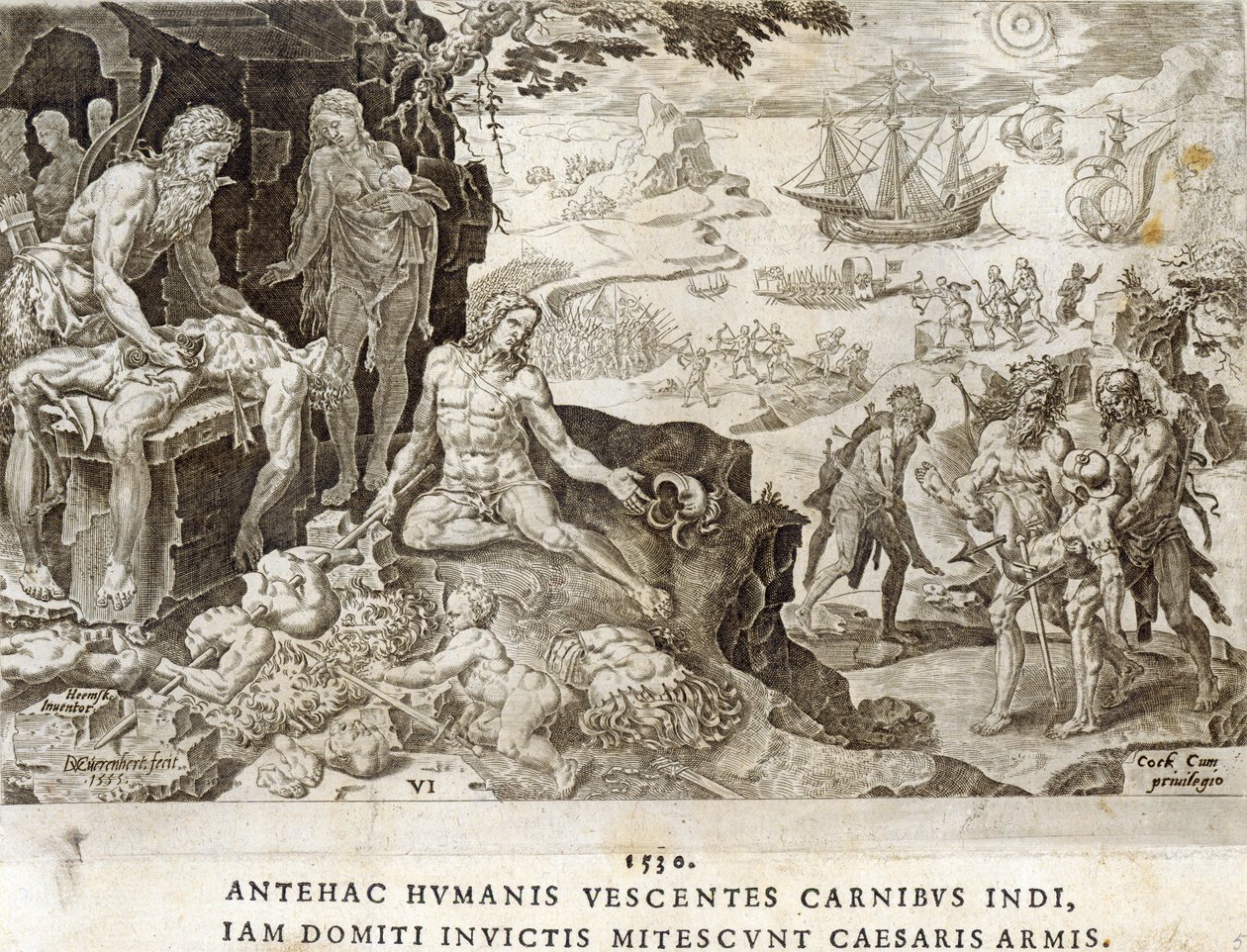 Csatatér az Újvilágban 1530-ban, 6. tábla az „V. Károly császár katonai eredményei”-ből, amelyet Dirk Volkertsz Coornhert (1522-90) vésett, 1555 alkotó: Maarten van Heemskerck