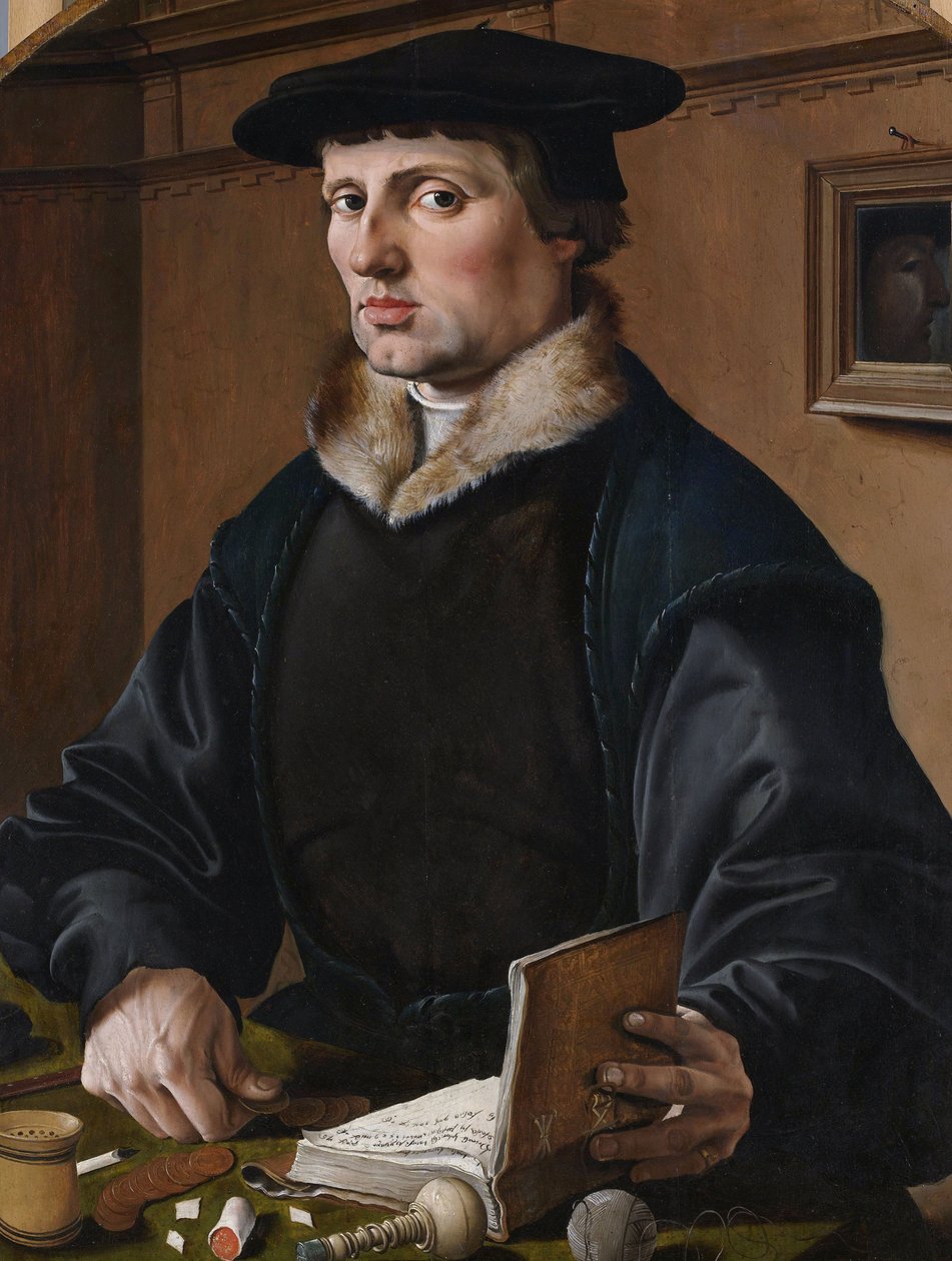Német: Bildnis eines Kaufmanns (Pieter Bicker) Pieter Gerritsz Bicker (valószínűleg) portréja, (valószínűleg) feleségének, Anna Codde-nak a medálján. alkotó: Maarten van Heemskerck