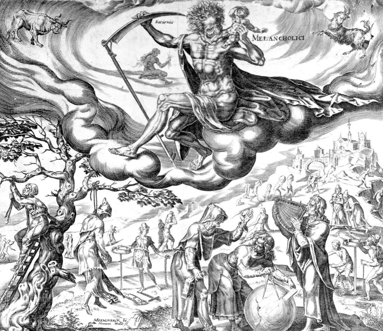 Melankólia, A négy temperamentum sorozatból, metszette: Harmen Jansz Muller, 1566 alkotó: Maarten van Heemskerck