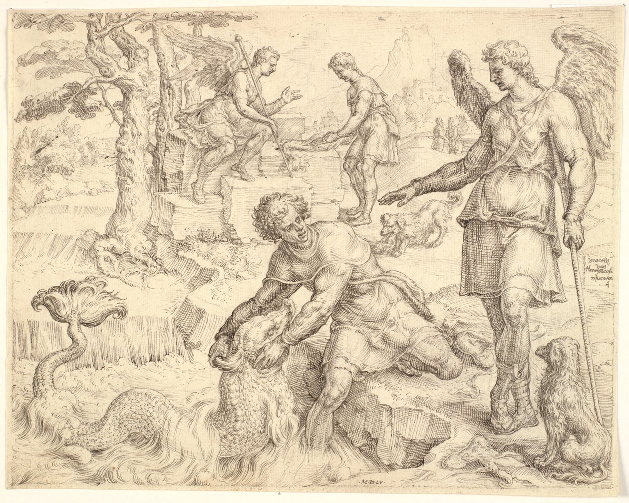 Tóbiás megfogja a halat a Tigris folyóban alkotó: Maarten van Heemskerck