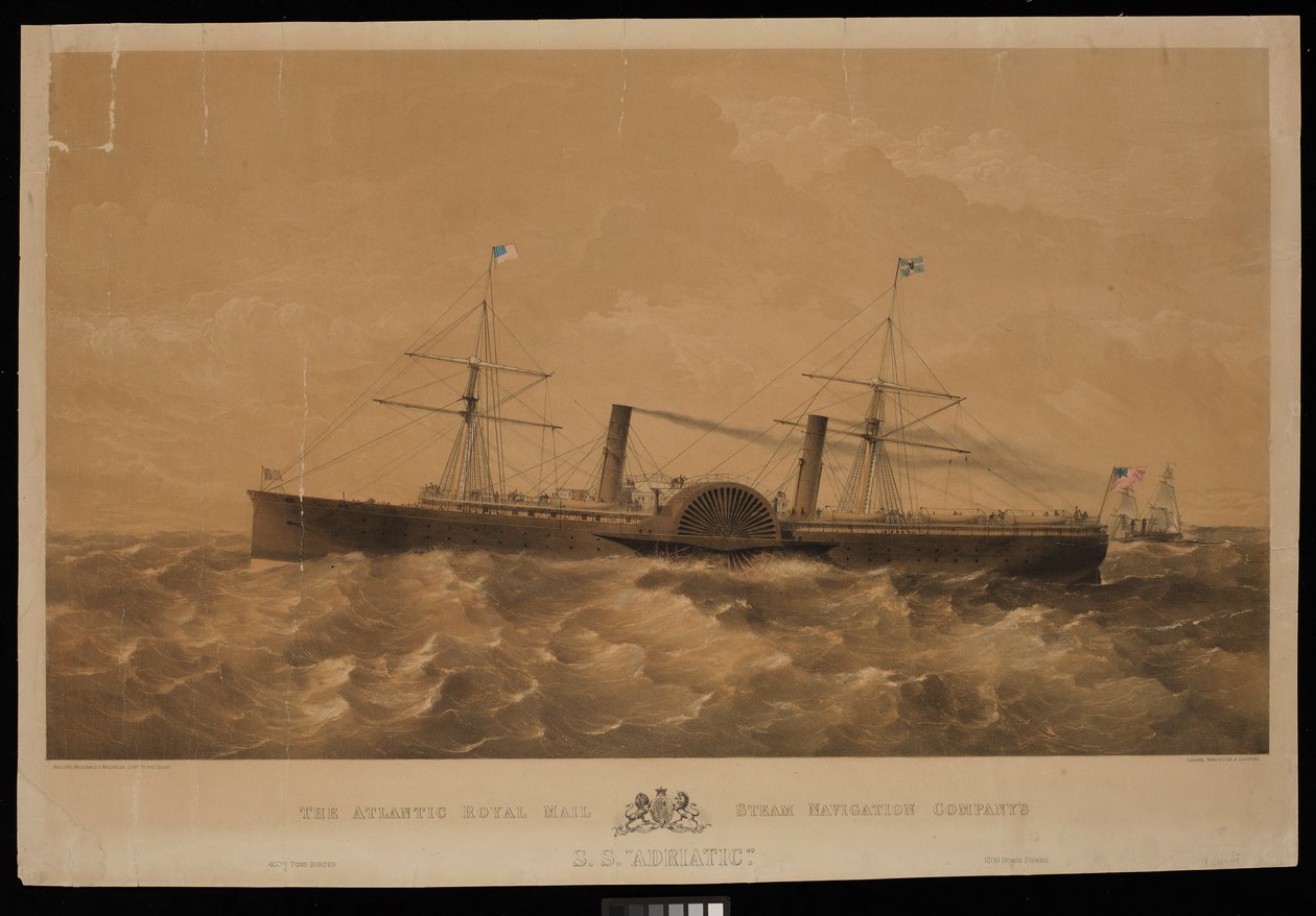 Az Atlanti Királyi Posta Gőzhajózási Társaság S.S. Adriatic nevű gőzhajója, 1856 körül (litográfia, színezett) alkotó: Macdonald & Co. Maclure