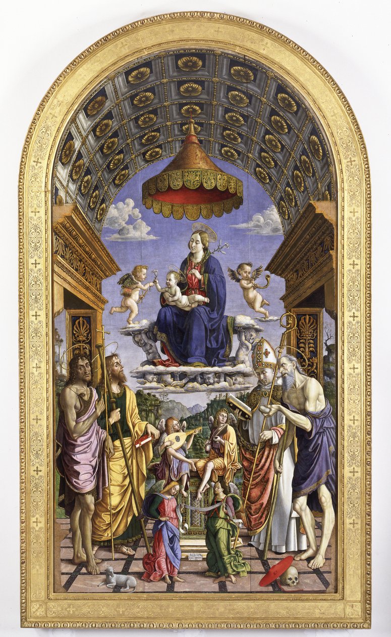 Madonna és a gyermek dicsőségben, zenész angyalok és szentek Keresztelő János, Jakab, Ugo és Jeromos, 1498 alkotó: Macrino dAlba