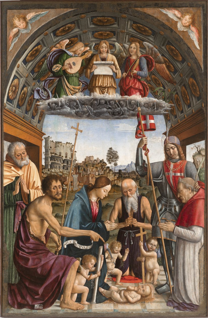 Madonna a Gyermekimádásban a Passió szimbólumait viselő puttival, zenész angyalokkal, József szentekkel, Keresztelő Jánossal, Jeromossal, Solutorral és az adományozó Romagnanói Amedeoval, 1505 alkotó: Macrino dAlba
