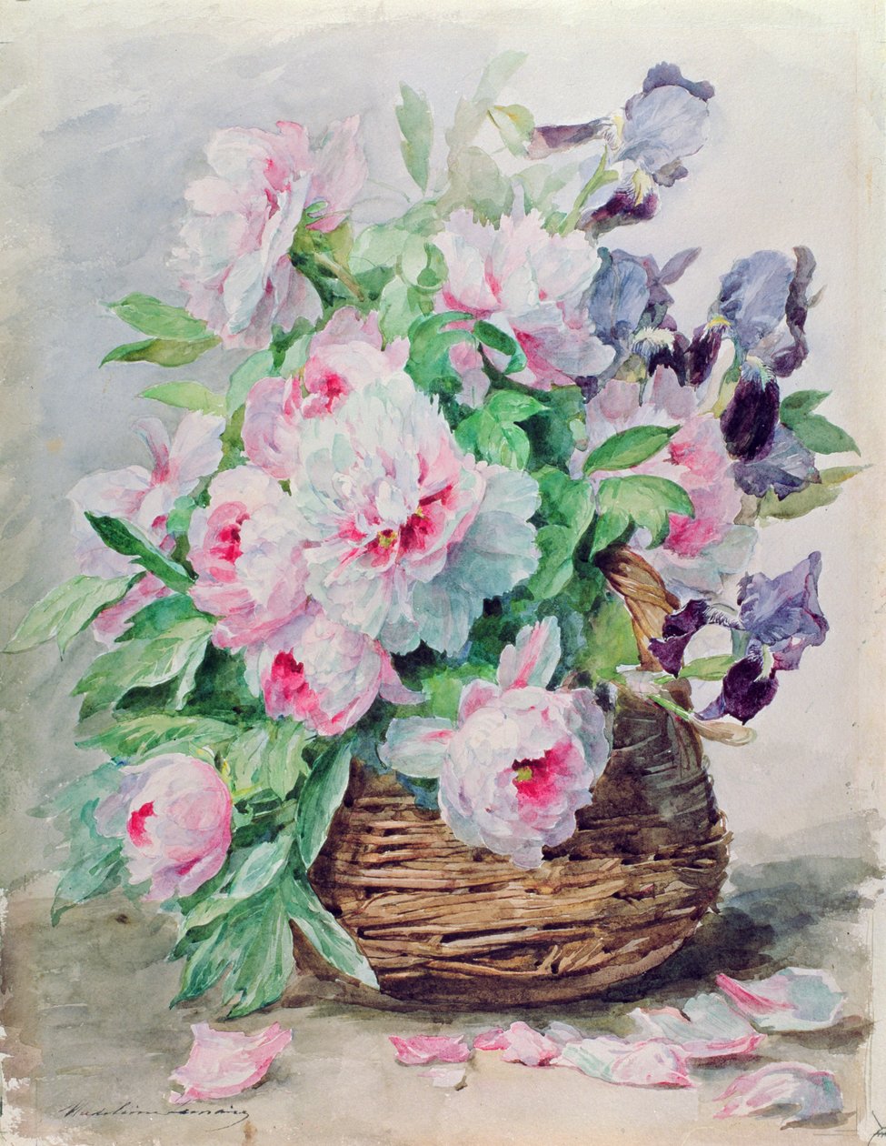 Íriszek és pünkösdi rózsa kosárban (wc és gouache papíron) alkotó: Madeleine Lemaire