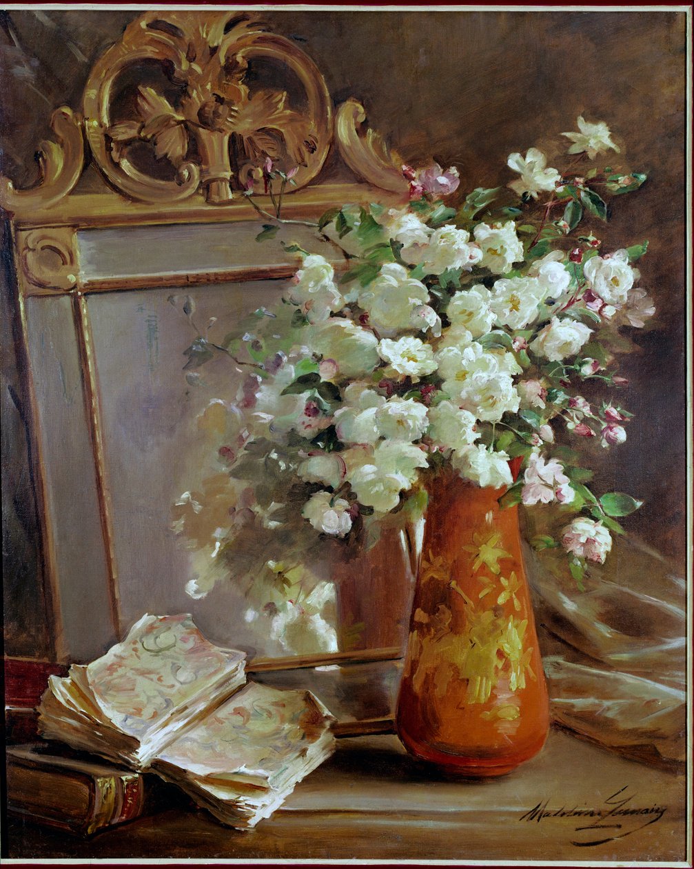 A piros váza csendélet tükörrel, csokor virággal és könyvvel. Madeleine Lemaire (1845-1928) festménye, XX. Magángyűjtemény alkotó: Madeleine Lemaire