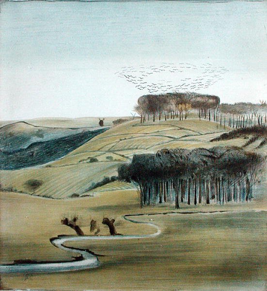 Tájkép bájosfalkával (ceruza, toll és tinta, valamint akvarell papíron) alkotó: Madeline Wyndham