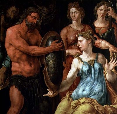 Vulkán bemutatja az isteneknek, hogyan fogták el a Vénuszt és a Marsot a hálóiban, 1536 körül (panel) alkotó: Maerten van Heemskerck