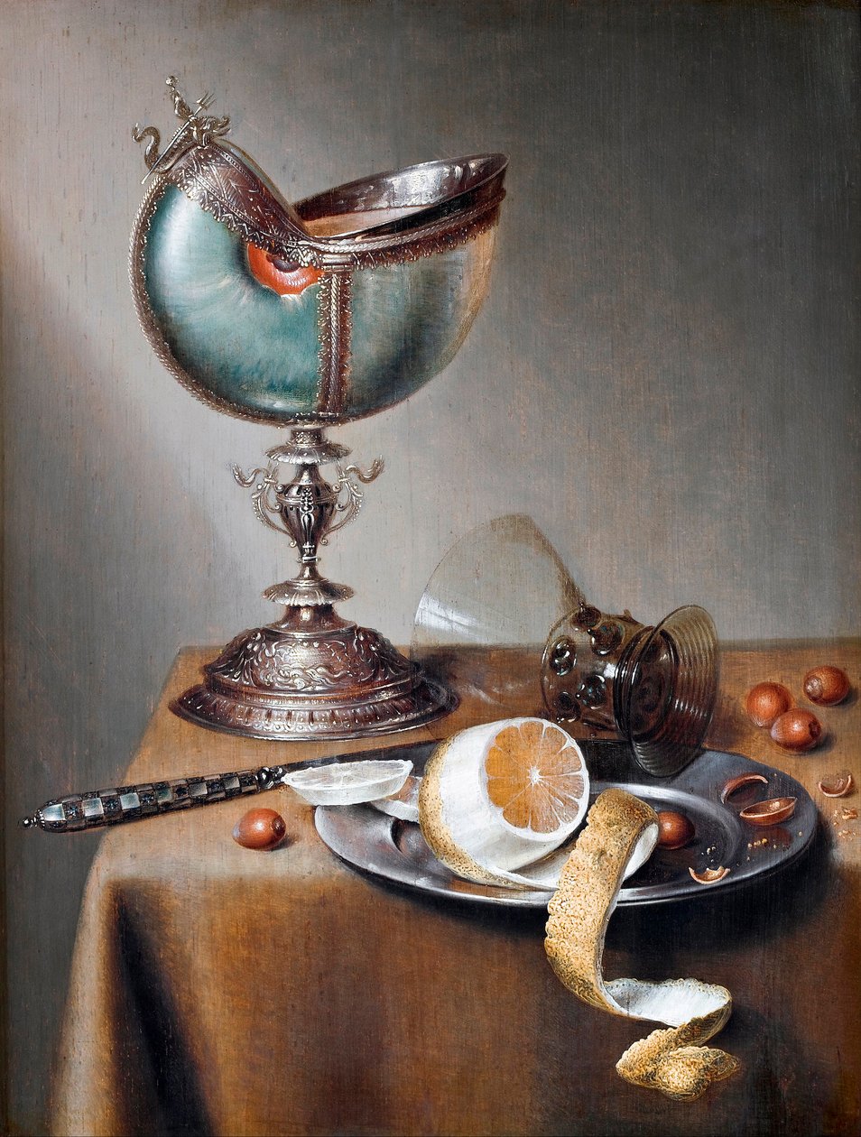 ""Nature morte a la coupe nautile"" (Csendélet Nautilus kupával) Peinture de Marten Boelema de Stomme (1611-1644) - Olaj, fa Mérete 50x38 cm Hallwylska Museet, Stockholm alkotó: Maerten Boelema de Stomme