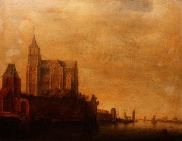 Groote Kerk, kilátással a főtoronyra, Emmerich folyón, vitorláshajókkal alkotó: Maerten Fransz van der Hulst