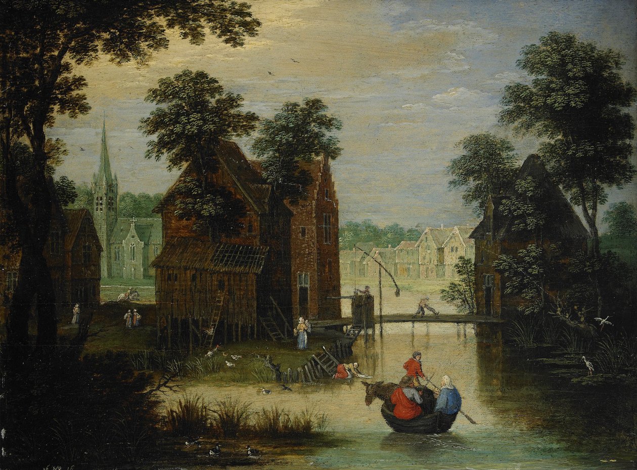 Folyói táj az Egyiptomba meneküléssel, 1616 alkotó: Maerten Ryckaert