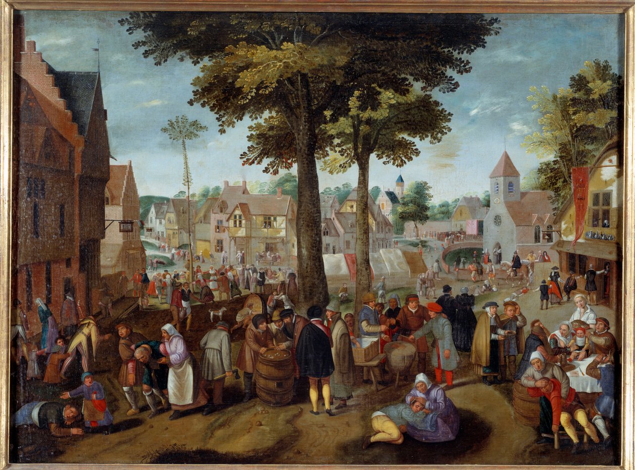 Flamand Vásár Buli egy faluban, részeg férfiak betegek, mások játszanak, néhányan alszanak. Martin van Cleve (1527-1581) festménye, 16. századi Caen, Szépművészeti Múzeum alkotó: Maerten van Cleve