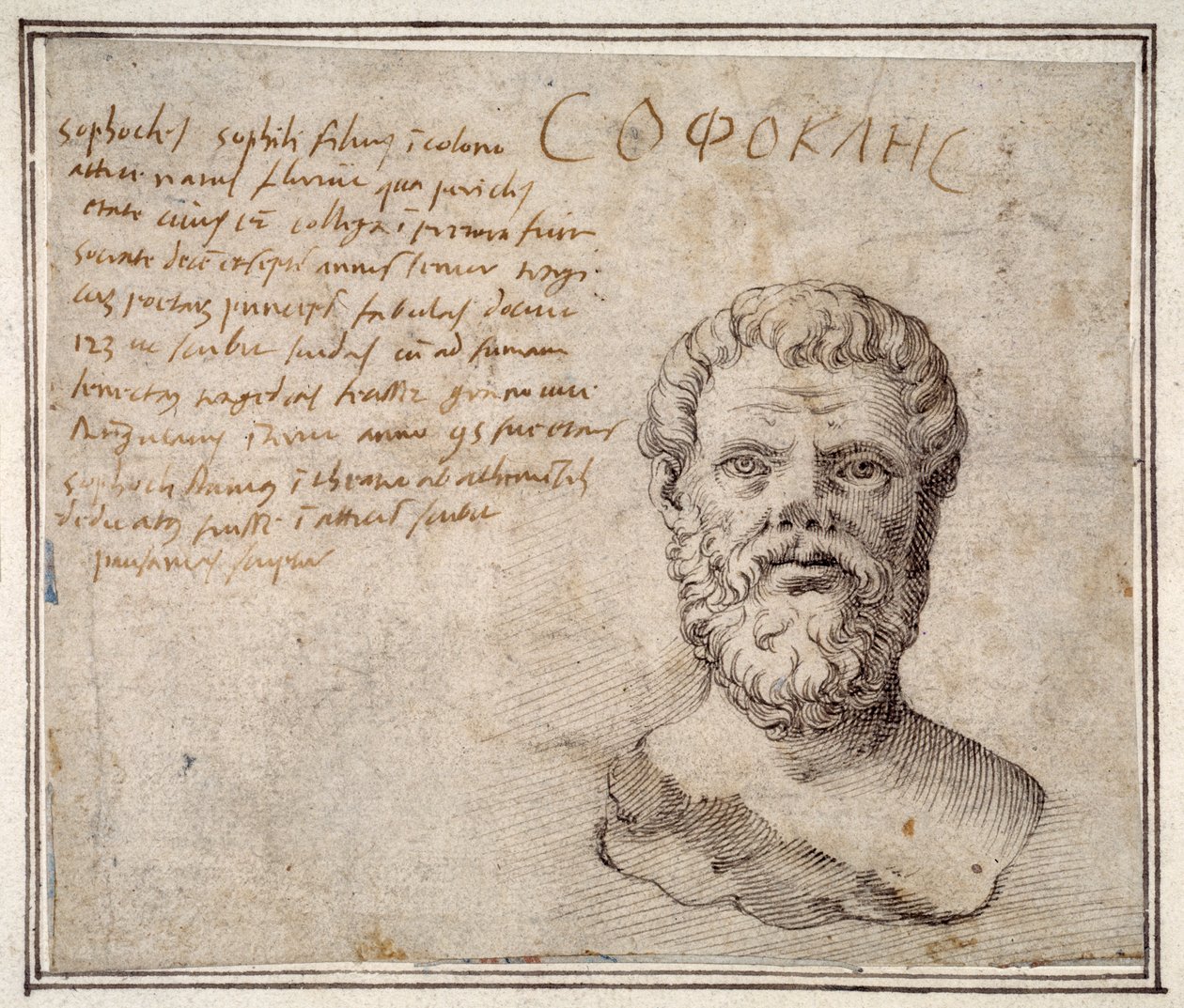 Szophoklész antik mellszobra, jegyzetekkel, Fulvio Orsini nyomán (toll és tinta papíron) alkotó: Maerten van Heemskerck