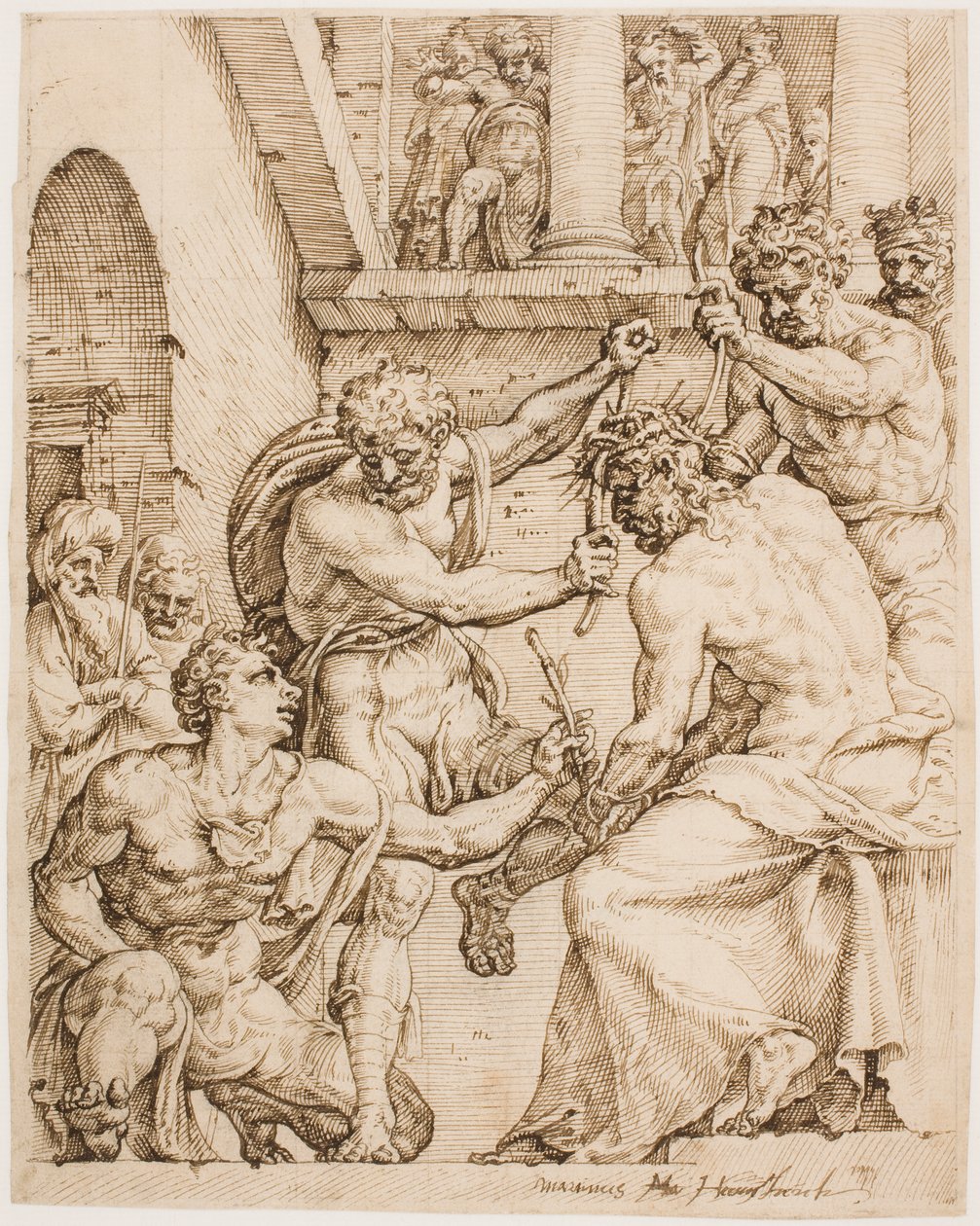 Tövissel koronázott Krisztus, 1548 körül (Toll, barna tinta és fekete kréta buff papírra) alkotó: Maerten van Heemskerck