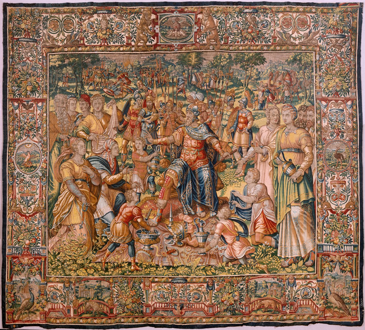 Egyházmegyei múzeum (Egyházmegyei Múzeum). Flamand kárpit. Brüsszel. François Geubels műhely. sorozat: Gideon története. Az izraeliták a zsákmány rájuk eső részét Gedeonnak adják. Selyem és gyapjú. Bisho hagyatéka alkotó: Maerten van Heemskerck